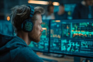 Focused male analyst using advanced technology in a high-tech environment with multiple computer screens displaying data visuals