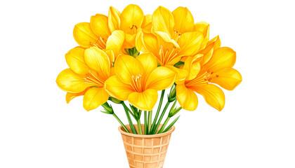 Summer, flower, ice cream element image. Yellow freesia petals 3-tier ripple texture ice cream isolated on solid white background in Png form.