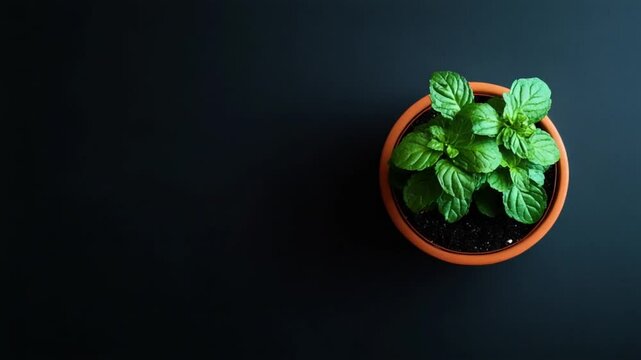 Fresh mint plant in a terracotta pot against a dark background, showcasing vibrant leaves