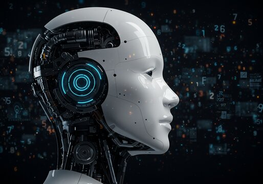 Robot side profile surrounded by digital data stream, for technology concepts