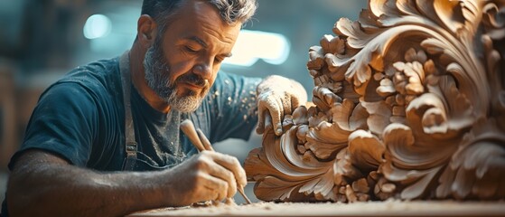 Soft sunlight falls on the wood carving, as the craftsman meticulously works on the details