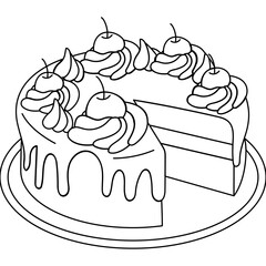 Cake with Dripping Cream and Cherries Coloring Page

