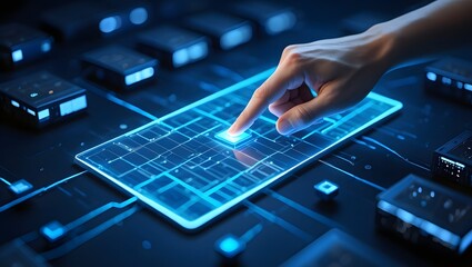 Biotech and genetics visualization with finger interacting with glowing digital DNA helix structure, no text, abstract concept