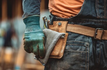 Construction worker wearing tool belt and gloves