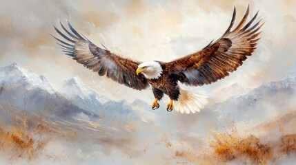 Fototapeta premium A powerful and majestic bald eagle soaring gracefully through the sky its expansive wings spread wide as it glides effortlessly above the rugged mountainous landscape below