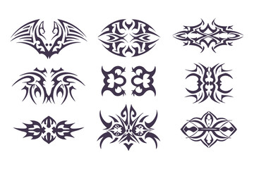 Abstract Tribal Tattoo Design Set. Bold Symmetrical Black Line Art in 3x3 Grid with Animal, Wing, Flame, and Abstract Motifs for Tattoos and Decor. Vector Illustration