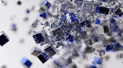 Abstract representation of fragmented cubes in motion.