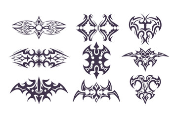 Abstract Tribal Tattoo Design Set. Bold Symmetrical Black Line Art in 3x3 Grid with Animal, Wing, Flame, and Abstract Motifs for Tattoos and Decor. Vector Illustration