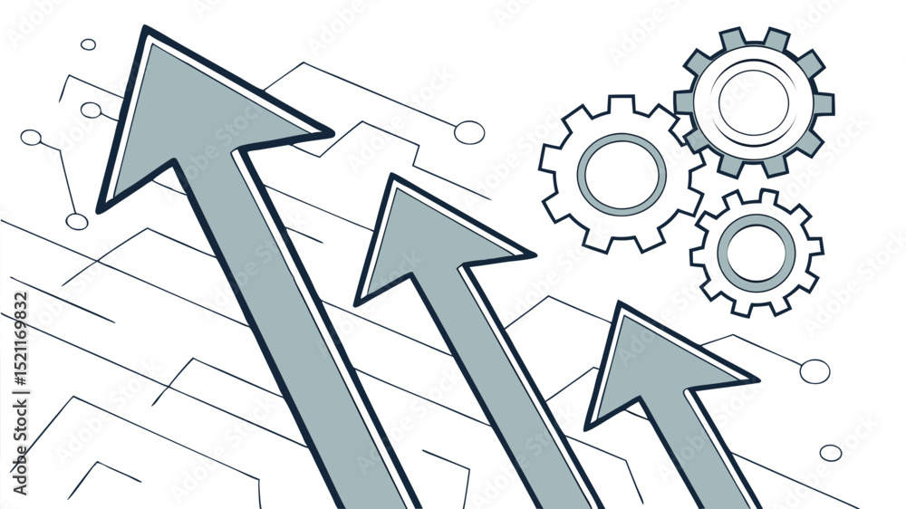Poster three upward arrows with circuit board lines and three gears on a white background drawing art