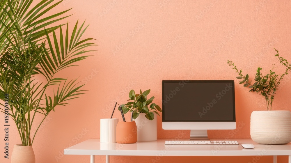 Poster a visually appealing and organized workspace with a minimalist design featuring a computer monitor p