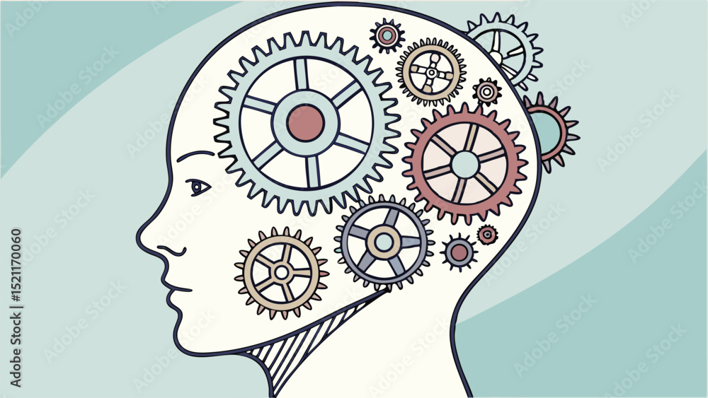 Poster silhouette of a head filled with gears and cogs representing thought process and mental activity ins