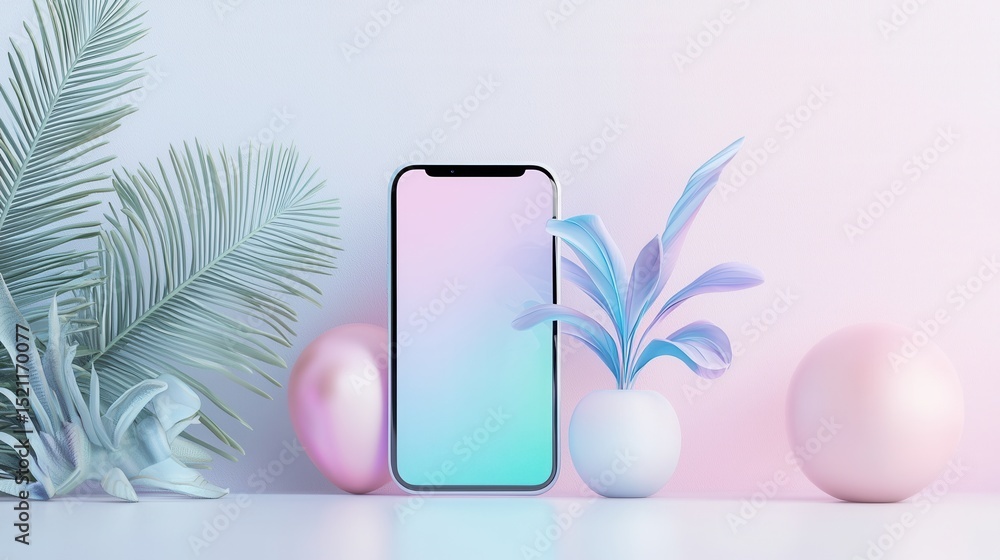 Poster minimalist mobile app design featuring a smartphone display with a clean interface and pastel colore