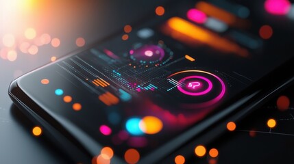 Visually striking mobile app interface design featuring a dark neon infused theme with dynamic futuristic elements and an interactive user experience