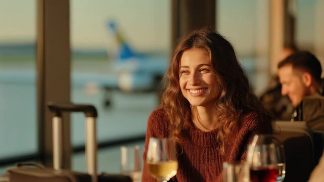 Friends Laughing and Sharing Drinks at Airport Caf&eacute; Before Travel