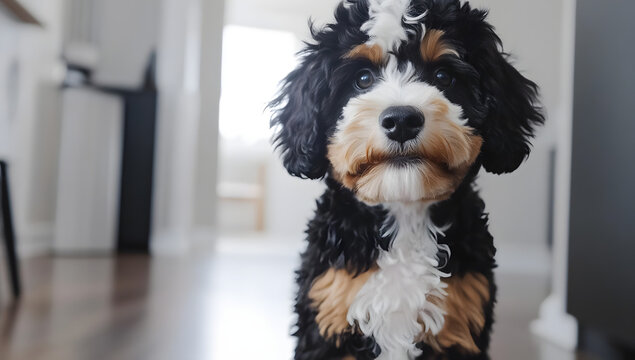 Miniature Bernedoodle with Tri-Color Coat Standing in Room and Gazing at Camera