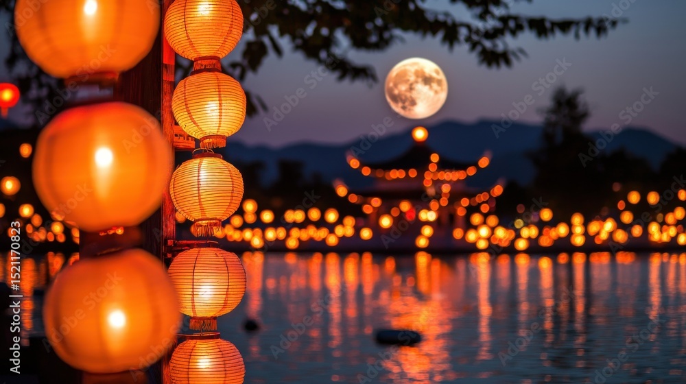 Aufkleber a tranquil scene of a full moon s reflection rippling across a still lake surrounded by a cluster of