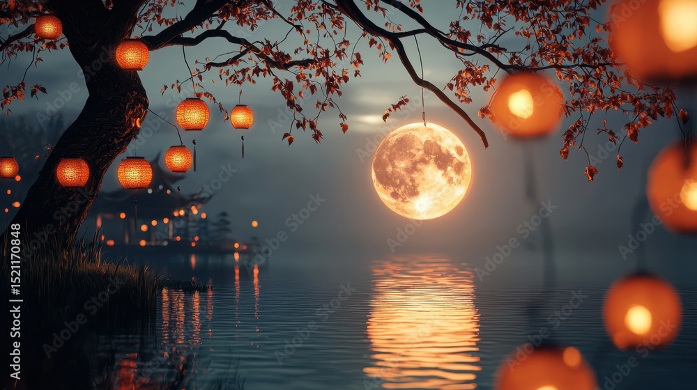 Aufkleber a tranquil scene of a calm lake reflecting the bright full moon with glowing chinese lanterns hangin