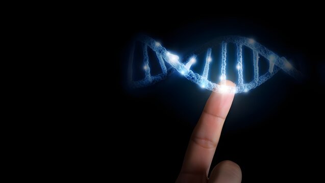 Biotech and genetics visualization with finger interacting with glowing digital DNA helix structure, no text, abstract concept