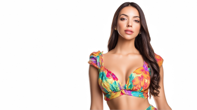 Studio shot of beautiful hispanic fashion model wearing colorful floral outfit on a transparent background, perfect for compositing and showcasing summer fashion trends