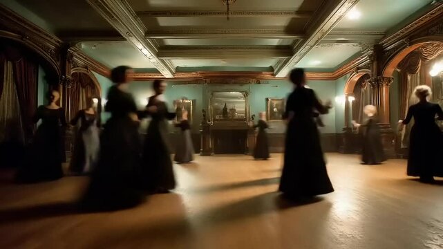 Group of dancers in elegant black dresses twirling in a vintage ballroom with ornate decor