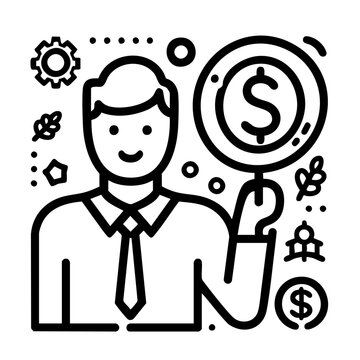 Smiling businessman holding largt coin wit dollar sign in blacn and white line style reprentationg financialccess and ealth