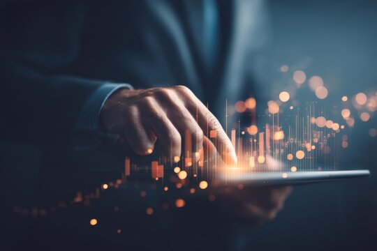 Businessman using tablet device with digital data visualization in modern office setting, technology and finance concept