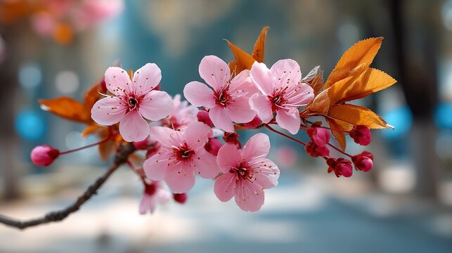 Pink blossoms and golden leaves on branch