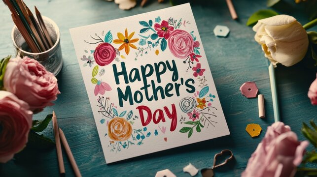 A vibrant and ornate handmade Mother s Day card adorned with a lovely floral bouquet conveying heartfelt appreciation and of motherhood