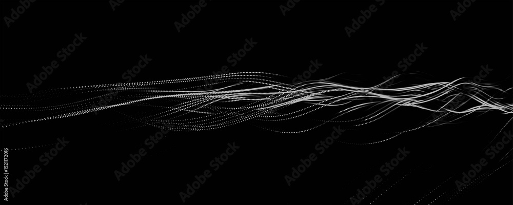 Poster abstract background with dynamic black and white wave. futuristic dotted wave of bright particles on