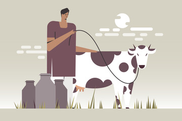 Illustration of a farmer and cow with milk cans in the outdoor