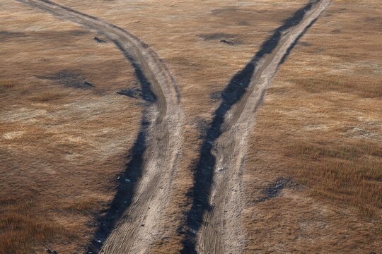 Serene Dirt Road Fork in Vast Dry Landscape with Clear Skies and Sparse Vegetation at Golden Hour