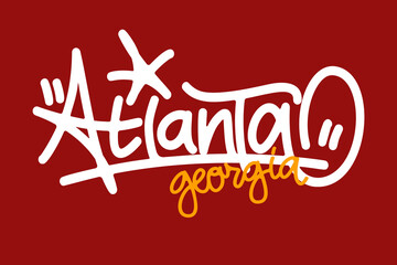 Graffiti tag of “Atlanta” in white with “Georgia” in yellow on a bold red background. Urban street art style combining high contrast colors, perfect for hip hop visuals and city culture design.