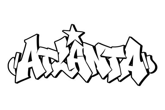 Graffiti lettering of &ldquo;Atlanta&rdquo; in white with bold black outline. Clean and strong urban street art style, perfect for city-themed designs, hip hop visuals, and modern vector graphics.
