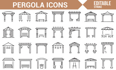 Icon Set Representing Pergolas, Arbors, and Outdoor Shelters for Gardens