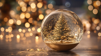 Snow globe featuring a beautifully decorated Christmas tree with warm lights, surrounded by festive decorations and gifts, creating a cozy holiday atmosphere in a charming setting