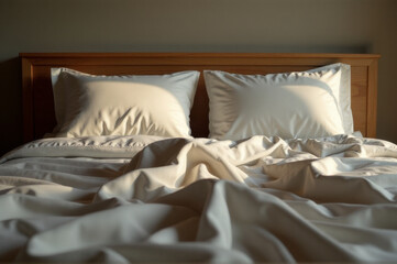 A cozy bed with two white pillows and a white blanket, perfect for a relaxing night's sleep or as a decorative element in a bedroom setting