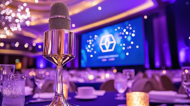 Microphone stands tall on elegant table at corporate event