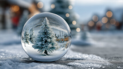 Snow globe featuring a beautifully decorated Christmas tree with warm lights, surrounded by festive decorations and gifts, creating a cozy holiday atmosphere in a charming setting