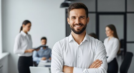 A confident business professional embodies leadership and success, gazing directly at the viewer. Capturing an atmosphere of authority.