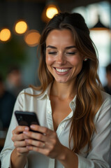 A person smiling while checking their mobile device