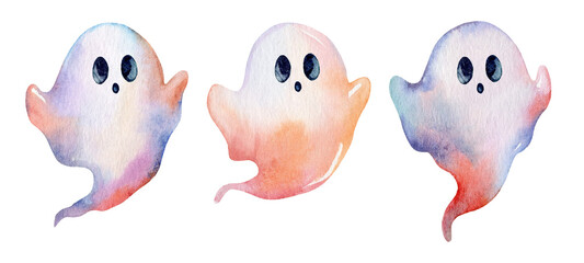 Cute watercolor ghosts in playful poses celebrating a whimsical Halloween theme