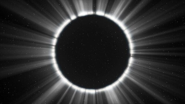 Abstract animation of a total solar eclipse - an astronomical phenomenon. Dynamics of a total solar eclipse in black and white tones. A huge black hole in the center of the galaxy. 3D render. 4K anima
