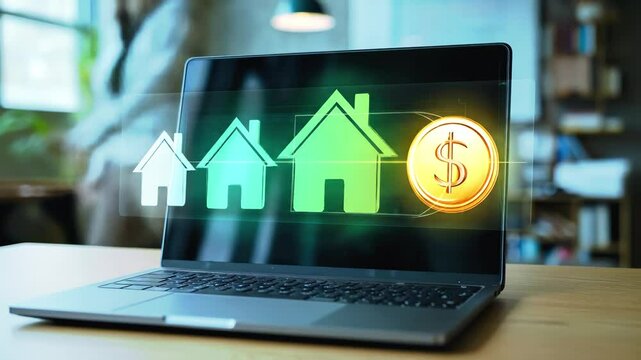 Real estate investment technology showing house price growth and finance options. Property mortgage and loan concept on a laptop screen. 4K video animation.