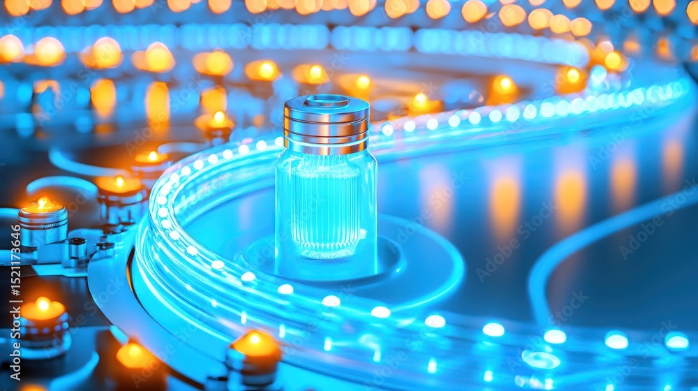 Poster a futuristic clear vial glows surrounded by luminous elements