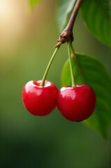 A pair of ripe red cherries hangs from a tree branch, perfect for a still life or nature-inspired composition