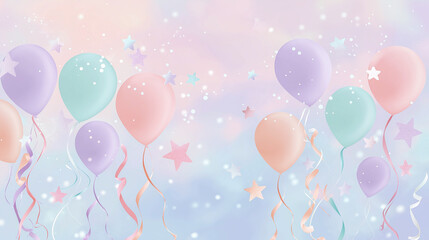 Colorful balloons in pastel shades float against a dreamy blue background, surrounded by sparkling stars and festive ribbons, creating a joyful celebration atmosphere