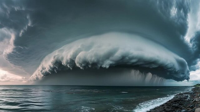 Breathtaking shelf cloud formation over the ocean, an ominous natural phenomenon