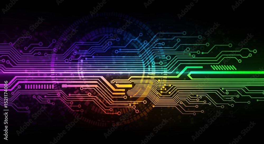 Poster colorful circuit board pattern. digital motherboard lines with glowing dots. abstract futuristic tec