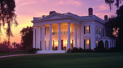 Fototapeta premium Elegant mansion with majestic columns silhouetted against a vibrant twilight sky, reflecting architectural grandeur and historical elegance.