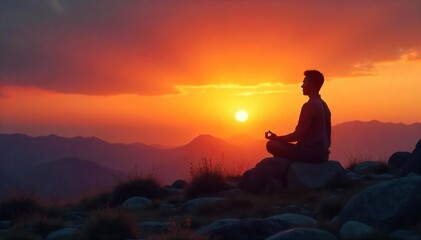 Obraz premium Silhouette of a lone figure meditating at sunset, feeling a profound sense of spiritual isolation and inner peace amidst vast, empty landscape , disconnect from world, emptiness